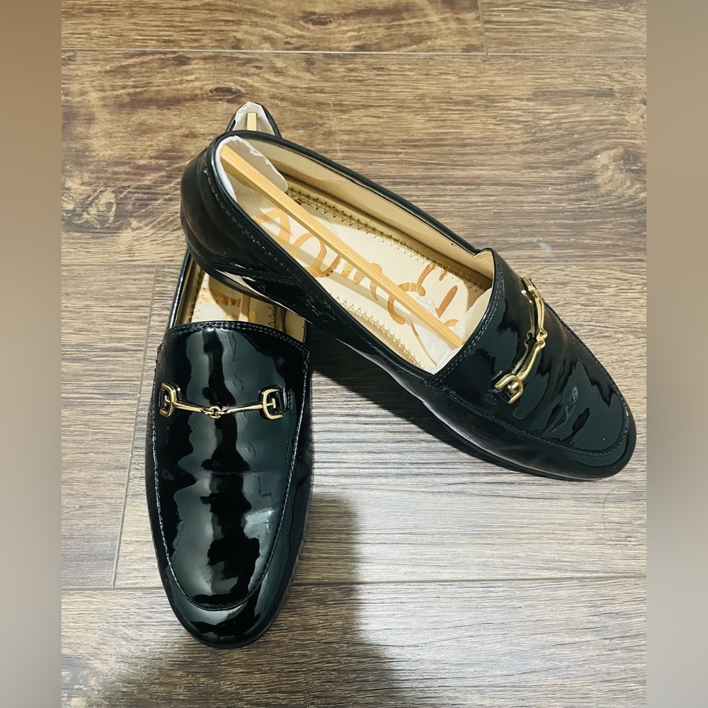 Sam Edelman Shiny Black Loafers with Gold Accent